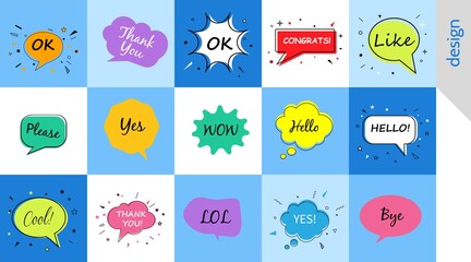Fototapeta na wymiar Hello wow ok yes, Speech bubbles with dialog words Vector bubbles speech illustration Thinking and speaking clouds