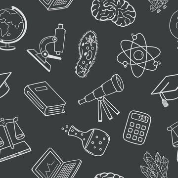 Science and education. Seamless pattern of vector hand drawn elements in doodle style.