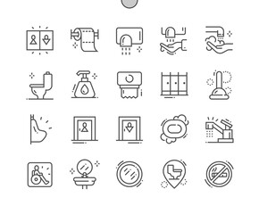 Toilet, restroom. Toilet paper. Hand dryer. Bathroom, domestic, household, washroom, wash, sanitary and hygiene. Pixel Perfect Vector Thin Line Icons. Simple Minimal Pictogram
