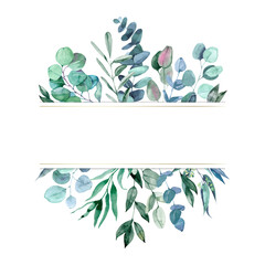 Watercolor hand painted banner with green eucalyptus leaves and branches. Spring or summer flowers for invitation, wedding or greeting cards.
