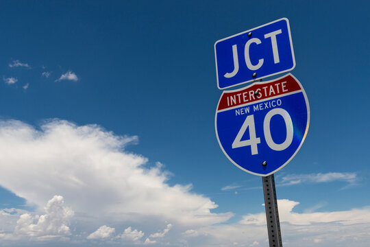 An Interstate highway 40 sign against the blue sky in the State of New Mexico, USA