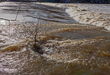 Stauwehr der Saale in Halle mit Hochwasser
