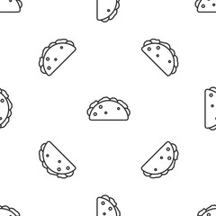 Grey line Taco with tortilla icon isolated seamless pattern on white background. Traditional mexican fast food menu. Vector.
