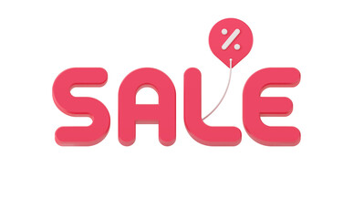 Red sale 3d vector illustration. Volumetric letters of profitable special offer with attached percent shopping balloon.