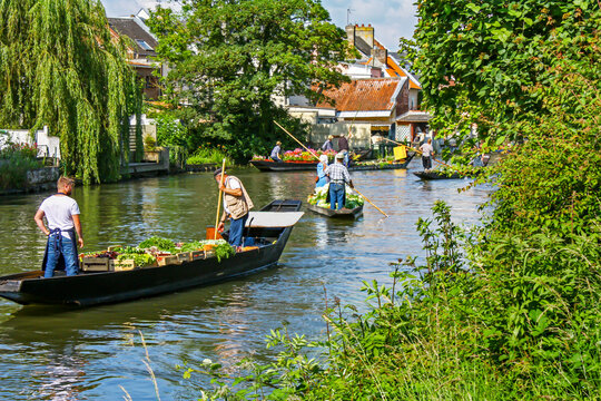 Amiens. Barques &agrave; cornet en route vers le march&eacute; flottant. Somme. Picardie. Hauts-de-France
