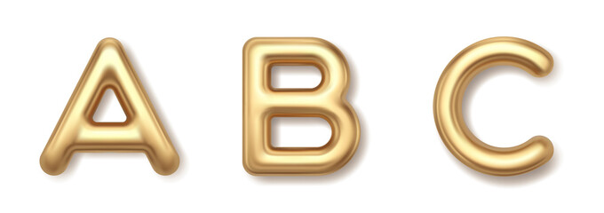 Gold a b c 3d alloons letters vector icons. Precious yellow metal font with shiny highlights and luxurious style.