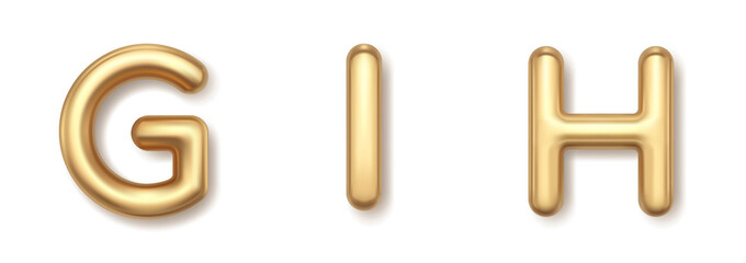 Gold metal G I H 3d balloons letters vector icons. Expensive yellow font with shiny highlights and luxurious style..