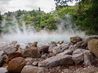 Steam from the the hot spring surrounded by natural forest and stones