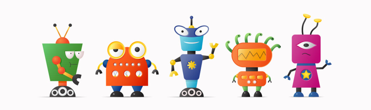 Set of cute vector robot characters for kids. Funny vintage style robotics