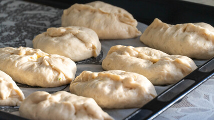 fried country pies. rustic cuisine. pies with potatoes on a baking sheet