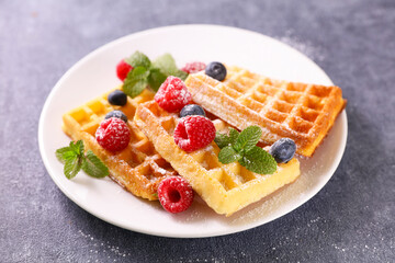 waffles with berries fruits and mint