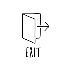 Logotipo con texto manuscrito exit escrito a mano con puerta abierta con flecha con lineas en color negro