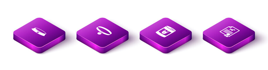 Set Isometric Pet food bowl, Collar, Canned for dog and Certificate cat icon. Vector.