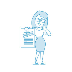 Happy woman shows a document with the inscription approved. Getting permission. Character - a woman in glasses. Office worker. Illustration in line art style. Vector