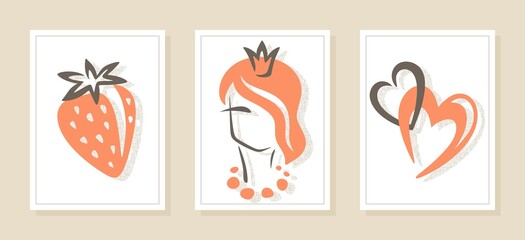 Set of three posters with a simple lines and pictures. Strawberry with a leaf, a cute girl in a crown, intertwining hearts. Orange and brown colored elements on white background. Vector illustration.