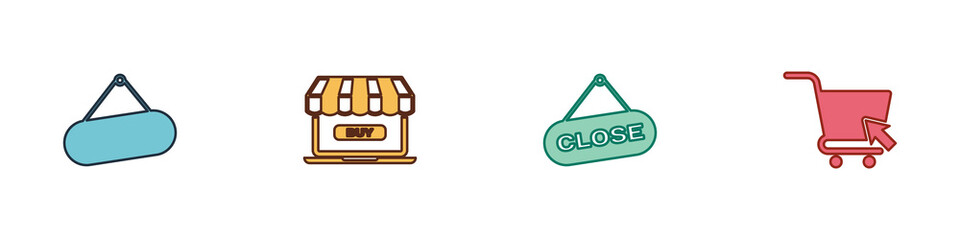 Set Signboard hanging, Online shopping, Hanging sign with Close and Shopping cart cursor icon. Vector.