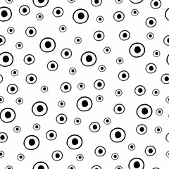 Background with black and white circles and dots. Seamless pattern. Doodle vector illustration.
