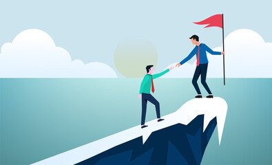 Business concept leadership and teamwork. Leader help other to climb the cliff to reach the goal vector illustration.