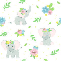 Seamless flower pattern with baby elephants. Good for textiles, fabrics, wallpaper. Flat design, vector illustration