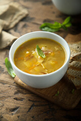 Homemade pea soup with smoked bacon