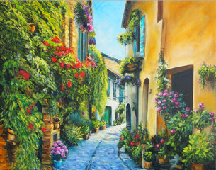 Fototapeta na wymiar Oil Painting on Canvas - Flower Street in Italy 