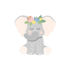 Cute sitting baby elephant with a wreath of flowers on his head. Vector illustration in cartoon style