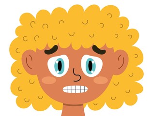 Nervous girl face. Scared kid clipart. Depression emotion. Emotional expression head close-up. Feeling concept vector illustration