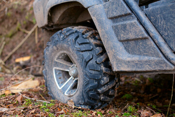 Closeup of a wheel from a buggy. Extreme off-road driving