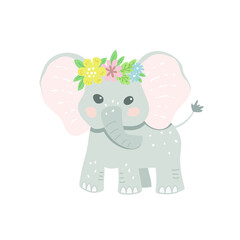 Baby elephant decorated with a wreath of blooming flowers. Childish vector illustration for apparel design, poster, wall art.