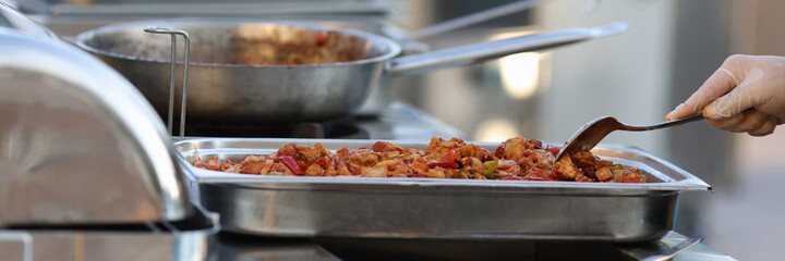 Cooked vegetables are on large baking sheet. Food for restaurants and cafes concept