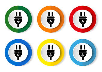 Eletricity icon set, energy, power, plug flat design vector illustration in 6 colors options for webdesign and mobile applications..