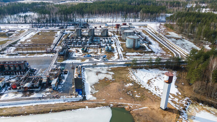 Refinery and storage facilities of oil and petroleum products. Oil products reservoirs. Bitumen plant. Petrochemical industry concept.