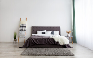 Fototapeta na wymiar Apartment in simple minimalist Scandinavian design and home interior with furniture