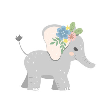 Baby elephant decorated with a wreath of blooming flowers. Childish vector illustration for apparel design, poster, wall art. © Ксения Хомякова