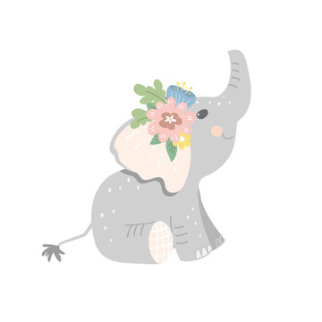 Cute sitting baby elephant with a wreath of flowers on his head. Vector illustration in cartoon style © Ксения Хомякова