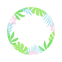 Round flower frame. Tropical leaves. Jungle theme. Flat design, vector illustration