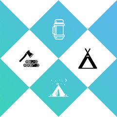 Set Wooden axe and wood, Tourist tent with flag, Thermos container and icon. Vector.