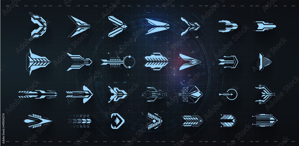 Leinwandbilder Set of futuristic arrows. Futuristic interface hud design elements APP, UI UX KIT design. Arrows, pointers, direction. Set of holographic arrows, pointers, direction for infographics or game. Vector