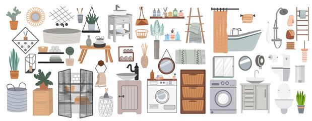 Bathroom cartoon elements. Bathroom interior furniture and hygiene accessories. Modern bathroom interior decor. Flat vector illustration isolated on white background.