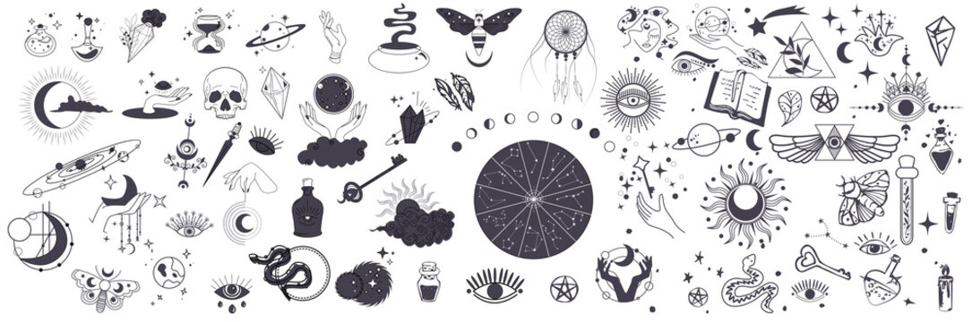 Mystic vector items, moon, hands, crystals, planets. Doodle astrology style. Doodle esoteric, boho mystical hand drawn elements. Magic and witchcraft, witch esoteric alchemy. Icons set. Vector