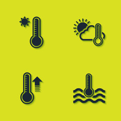 Set Meteorology thermometer, Water, and Thermometer and cloud, sun icon. Vector.