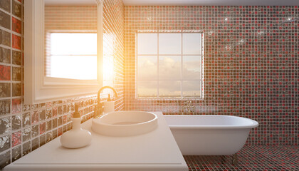 Scandinavian bathroom, classic  vintage interior design. 3D rendering.. Sunset.