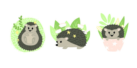 Set of cute hedgehogs. Forest animals. Flat vector cartoon illustration