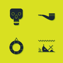 Set Skull, Sunken ship, Lifebuoy and Smoking pipe icon. Vector.