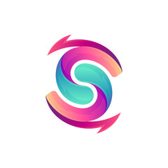 Circle letter S with arrow, gradient logo template