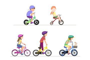 Obraz premium Set of vector illustrations of children kids riding bicycles in helmets, boys and girls. Summer active rest, games. Flat isolated objects on a white background.