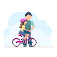 Father teaches his daughter to ride a bicycle. Upbringing, the concept of fatherhood. Vector flat illustration, isolated objects on a white background.