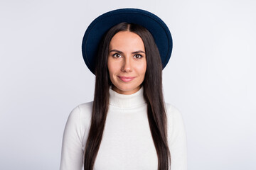 Photo of serious charming stunning young woman wear hat freelancer isolated on grey color background