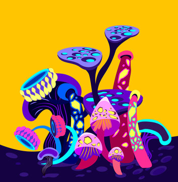 Fantasy Cartoon Alien Mycelium Spawn Landscape.Fantasy Supernatural Psylocubin Mushrooms of Different Curved Shape,Yellow Background.Trance Psychedelic Fungal. Computer Game Planet illustration Vector
