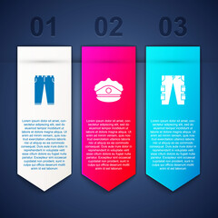 Set Pants, Police cap with cockade and Cargo pants. Business infographic template. Vector.